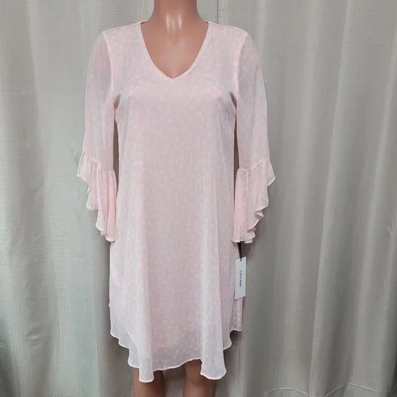 Calvin Klein Flutter Sleeve Chiffon Mini Shift Dress Size Pink Polka Dot  NWT
